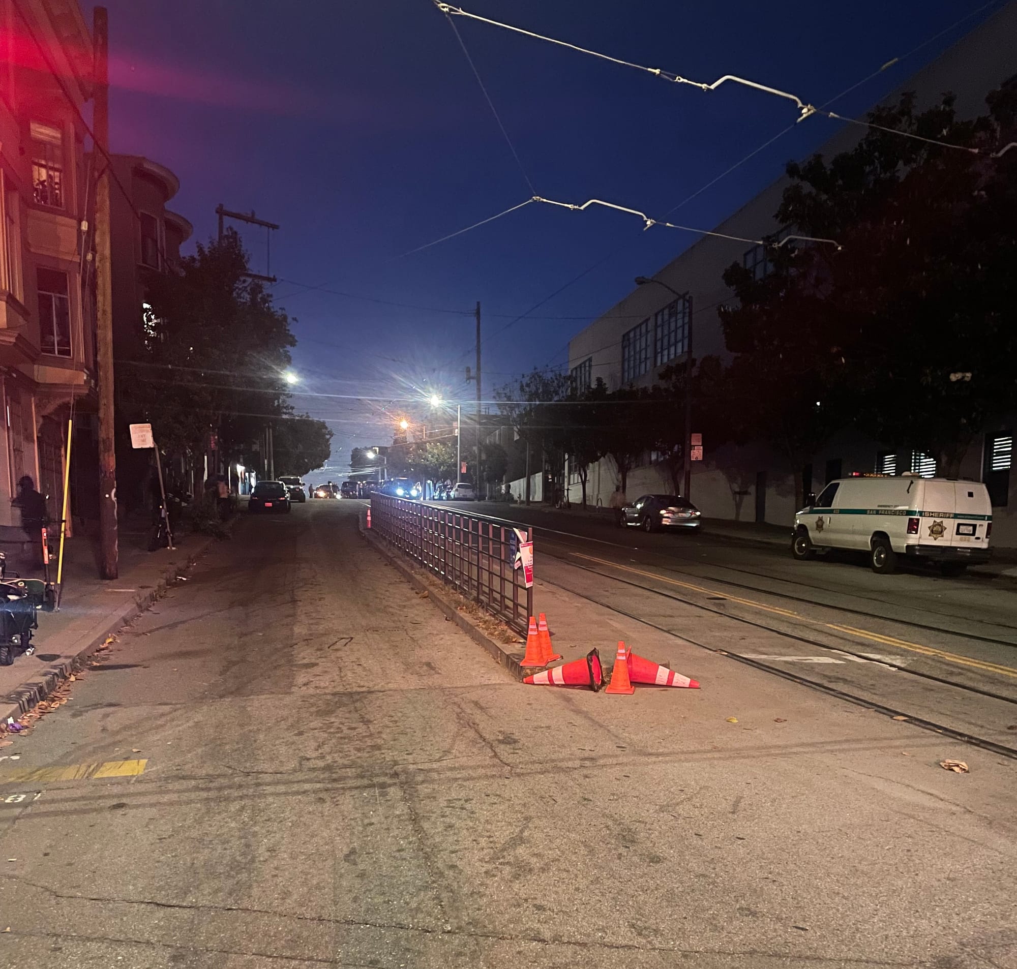 The raised curb, tracks, and bus platform in the middle of Church Street that was a danger to skaters. Cones were placed by spectators to keep skaters safe. (Photo credit: Safe Street Rebel)