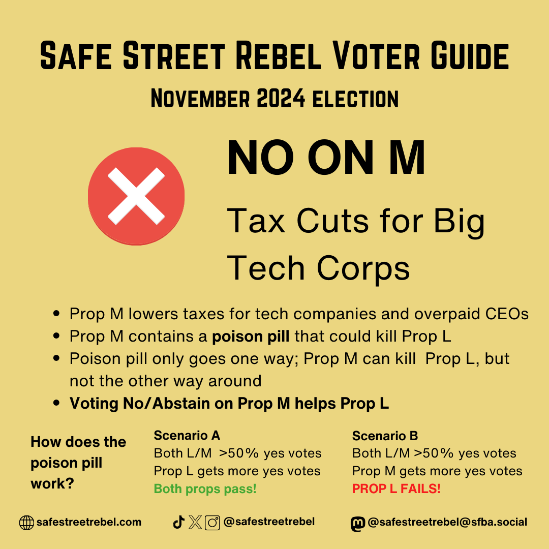 NO ON M Tax Cuts for Big Tech Corps - Prop M lowers taxes for tech companies and overpaid CEOs - Prop M contains a poison pill that could kill Prop L - Poison pill only goes one way; Prop M can kill Prop L, but not the other way around - Voting No/Abstain on Prop M helps Prop L. How does the poison pill work? Scenario A: Both L/M >50% yes votes, Prop L gets more yes votes, Both props pass!  Scenario B: Both L/M >50% yes votes, Prop M gets more yes votes, PROP L FAILS!