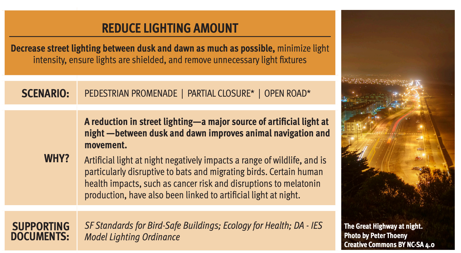 REDUCE LIGHTING AMOUNT Decrease street lighting between dusk and dawn as much as possible, minimize light intensity, ensure lights are shielded, and remove unnecessary light fixtures SCENARIO: PEDESTRIAN PROMENADE | PARTIAL CLOSURE* | OPEN ROAD* WHY? A reduction in street lighting—a major source of artificial light at night —between dusk and dawn improves animal navigation and movement. Artificial light at night negatively impacts a range of wildlife, and is particularly disruptive to bats and migrating birds. Certain human health impacts, such as cancer risk and disruptions to melatonin production, have also been linked to artificial light at night. SUPPORTING DOCUMENTS: SF Standards for Bird-Safe Buildings; Ecology for Health; DA - IES Model Lighting Ordinance