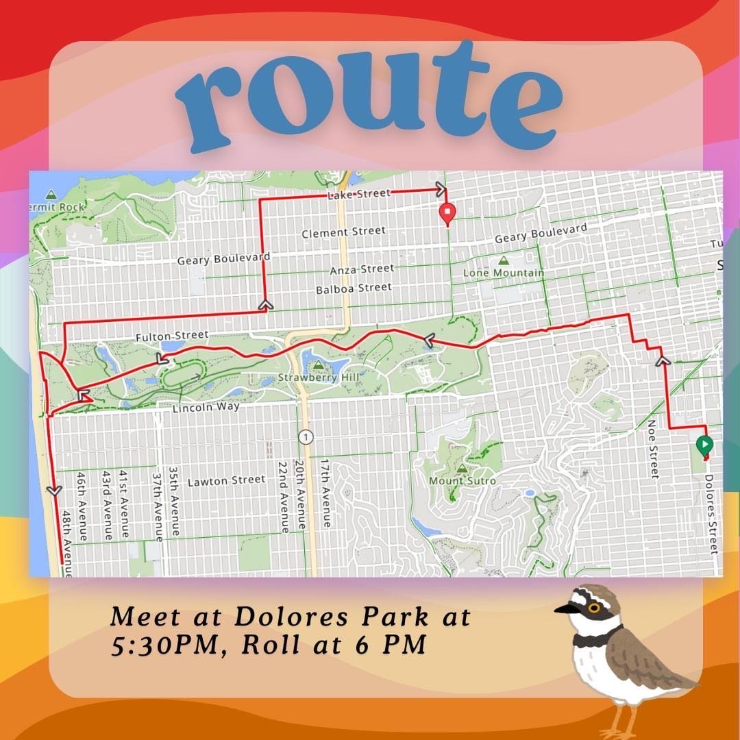 Map showing a route from Dolores Park to Clement and Arguello via the Great Highway (Ocean Beach Park). The route goes via Dolores, 17th St, Sanchez, the Wiggle, Panhandle path, car-free JFK, down Great Highway and back, then up to Clement, 23rd Avenue, and Lake Street. There's a drawing of a snowy plover. The background of the image is rainbow-colored.